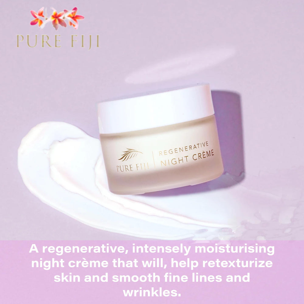 PURE FIJI Regenerative Night Cream packaging side view highlights premium, all-skin-types formula.