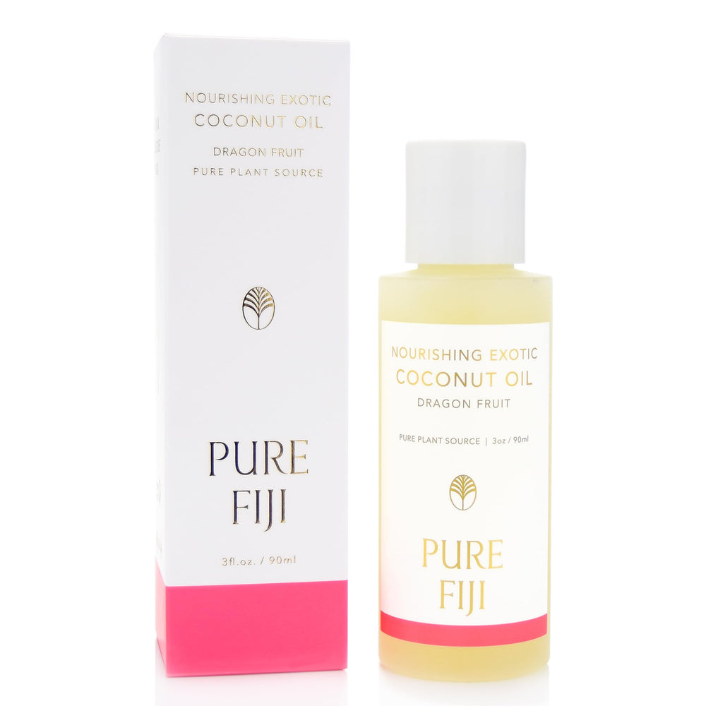 PURE FIJI Exotic Coconut Oil bottle pour demonstrates quick hydration after shower