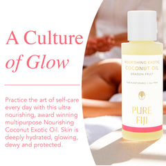 Pure Fiji Exotic Coconut Oil close-up reveals natural ingredients like coconut and Dilo for skin care