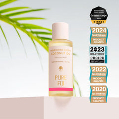 Pure Fiji Exotic Coconut Oil travel packaging emphasizes 3 oz size for on-the-go moisturization