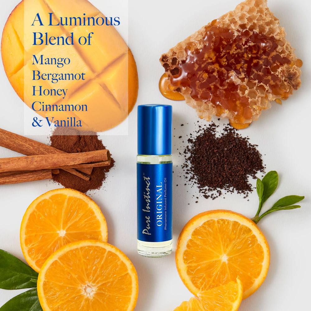 Pure Instinct Roll-On beside diffuser demonstrates compatibility with other scent experiences.