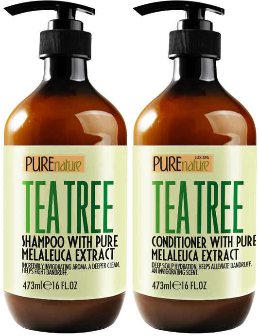 Pure Nature Lux Spa tea tree shampoo bottle promoting a fresh, anti-dandruff cleanse.