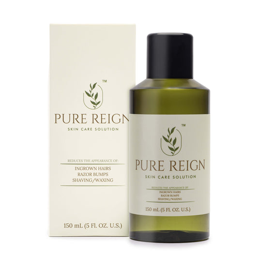 Pure Reign ingrown hair solution bottle closeup for smoother skin.