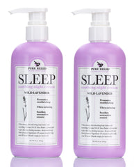 Pure Relief Lavender Sleep Lotion bottle closeup for calming bedtime rituals.