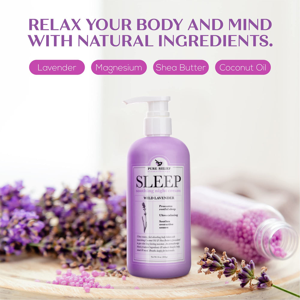 Pure Relief Lavender Sleep Lotion coconut oil blend shown for deep hydration.
