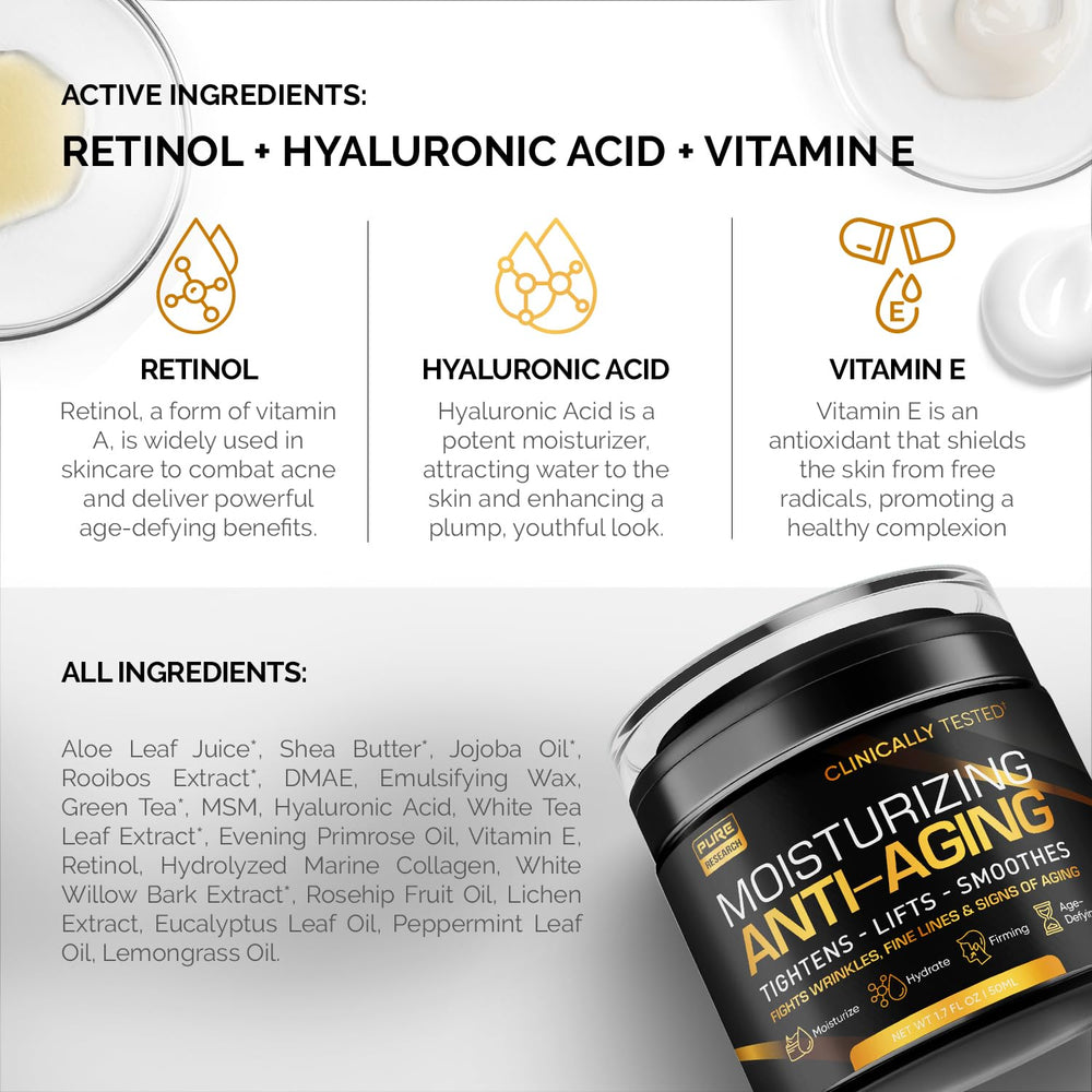 Pure Research Anti-Aging Cream close-up highlighting wrinkle-smoothing potential.