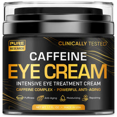 PURE RESEARCH caffeine eye cream bottle closeup illustrating hydrating under-eye care