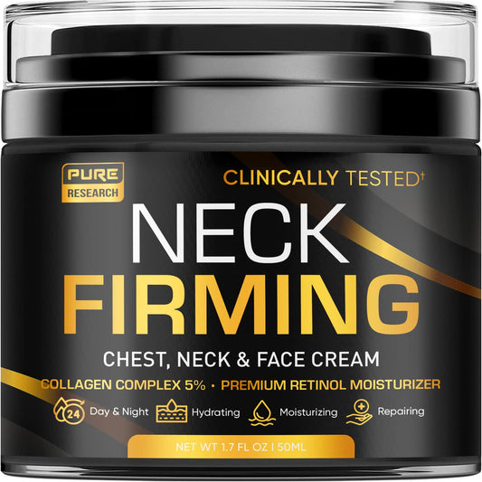Pure Research neck firming cream bottle for hydrating neck care.