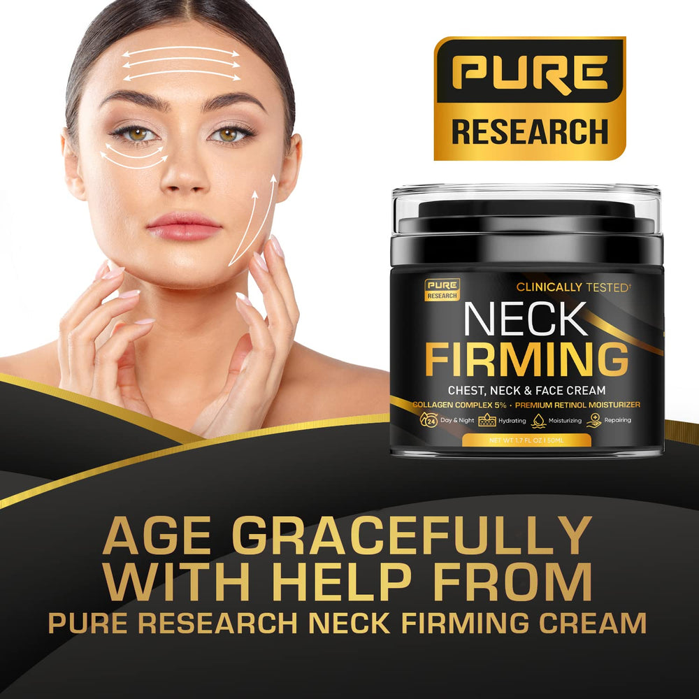 Pure Research neck firming cream close-up texture with marine collagen detail.
