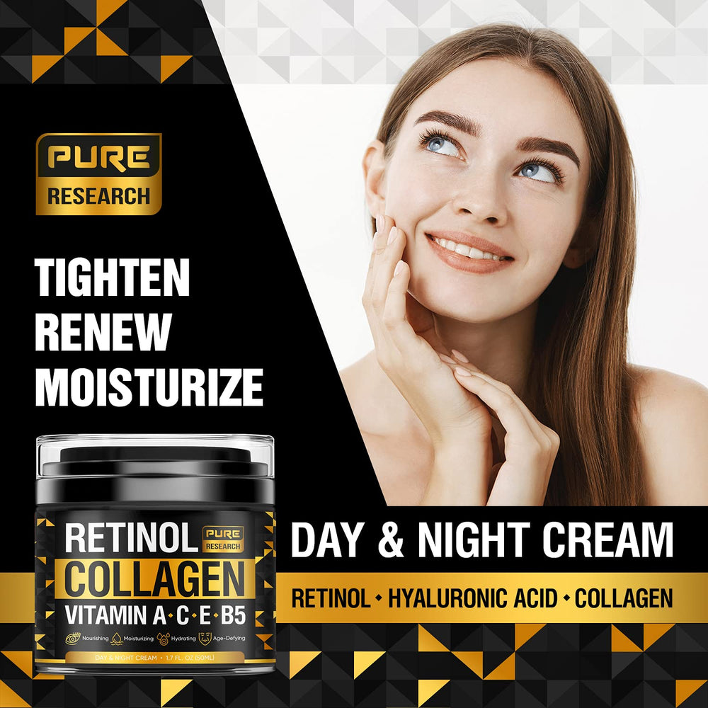 Pure Research Retinol Face Cream packaging highlights USA-made and paraben-free formula.
