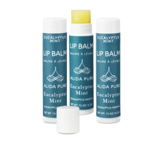 ALIDA PURE Eucalyptus Mint Lip Balm set packaging highlights eco-friendly materials for sustainable lip care.