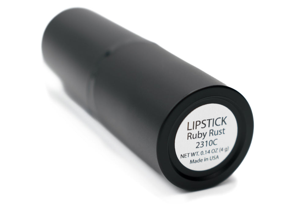 Pure Ziva Ruby Rust shade on model lips; cruelty-free beauty choice
