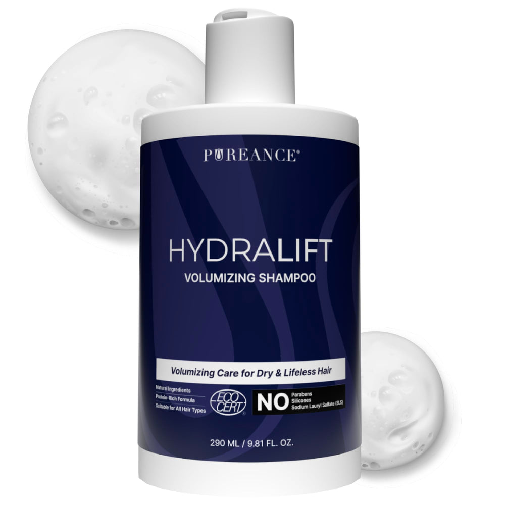 Pureance Hydralift bottle front showcasing volume-boosting shampoo for fuller hair.
