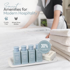 Purely bar soap bars arranged for hotel amenities in a neat display.