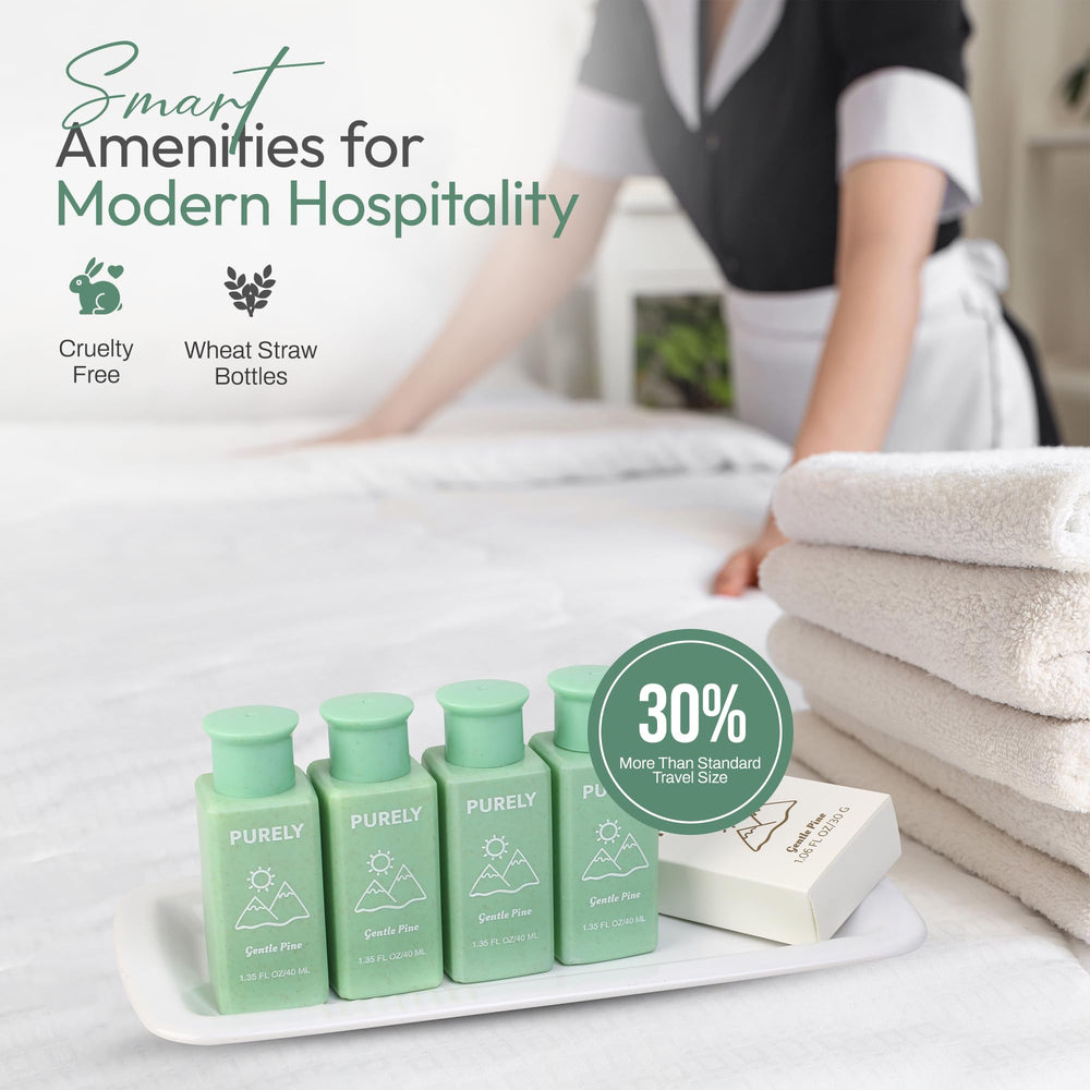 Purely conditioner bottles 1.3 oz aligned for hotel amenities