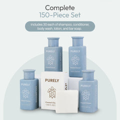 Purely mini shampoo and conditioner bottles shown for Airbnb welcome kits.