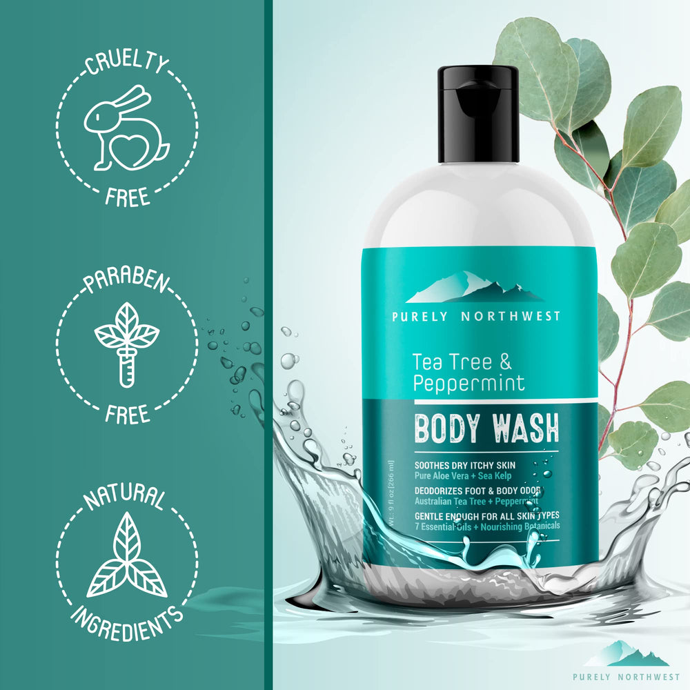 Purely Northwest Tea Tree Body Wash USA-crafted cruelty-free packaging invokes trust.