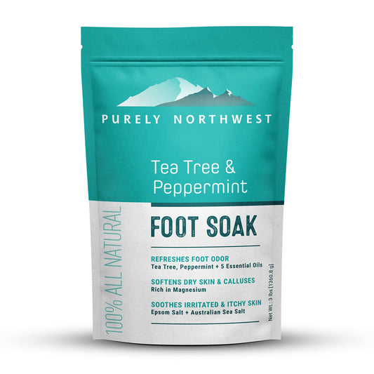 Purely Northwest Tea Tree Peppermint Foot Soak bottle refreshing tired feet and nails