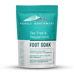 Purely Northwest Tea Tree Peppermint Foot Soak bottle refreshing tired feet and nails