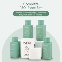 Purely shampoo bottles 1.3 oz arranged for Airbnb hospitality