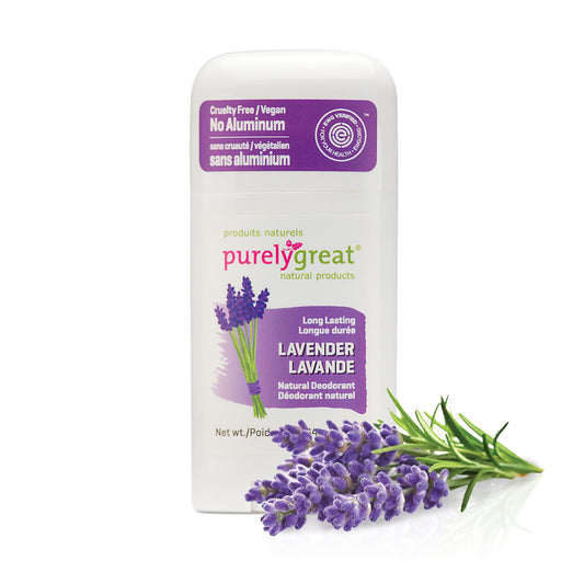 Purelygreat lavender deodorant stick packaging front promoting all-day freshness.