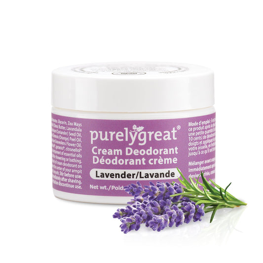 Purelygreat Lavender Scented Cream Deodorant jar close-up shows creamy texture for underarm freshness