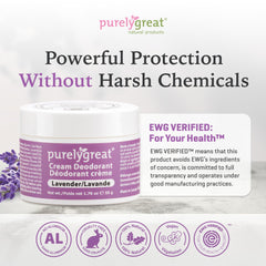 Purelygreat Lavender Scented Cream Deodorant packaging back lists ingredients and benefits