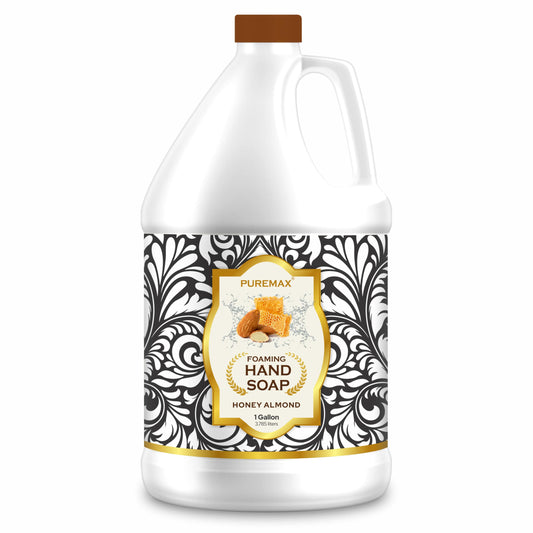 Puremax Honey Almond foaming soap bottle close-up with rich, gentle cleansing foam