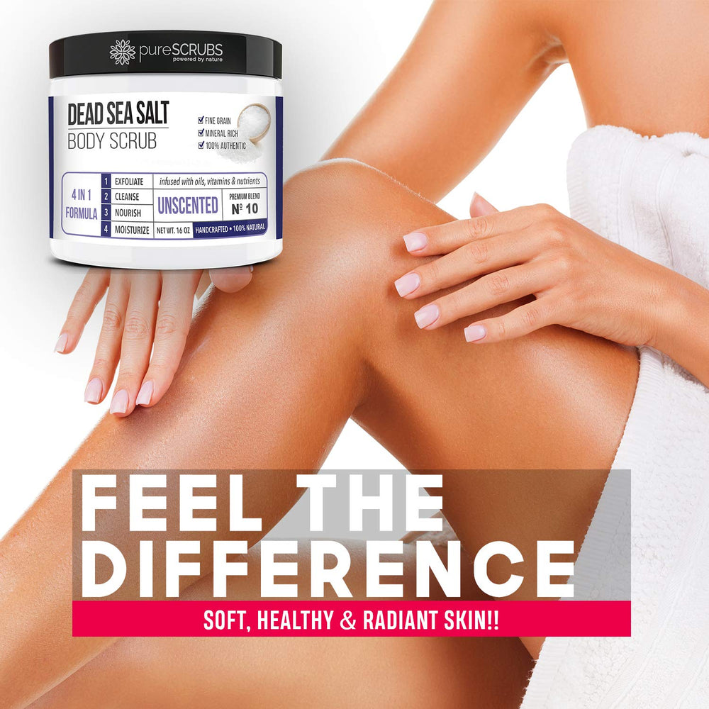 PureSCRUBS Dead Sea salt scrub closeup highlighting fine texture.