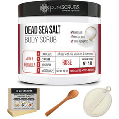PureSCRUBS lifestyle shot featuring rose-scented scrub in a spa-like setting.