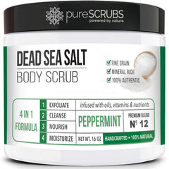 pureSCRUBS peppermint sea salt scrub jar shows smoothing texture and refreshing aroma