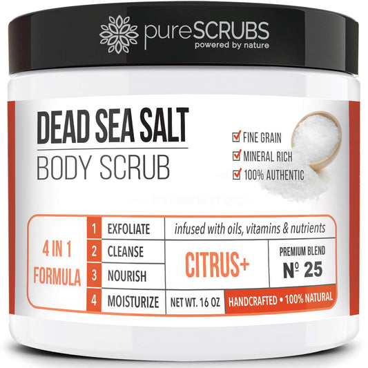 PureSCRUBS premium citrus body scrub jar showing texture and refreshing scent