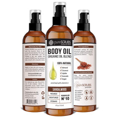 PureSCRUBS sandalwood body oil on skin – smooths and nourishes for a healthy glow.
