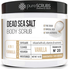 PureSCRUBS vanilla Dead Sea salt scrub jar showing rich texture for smoother skin.