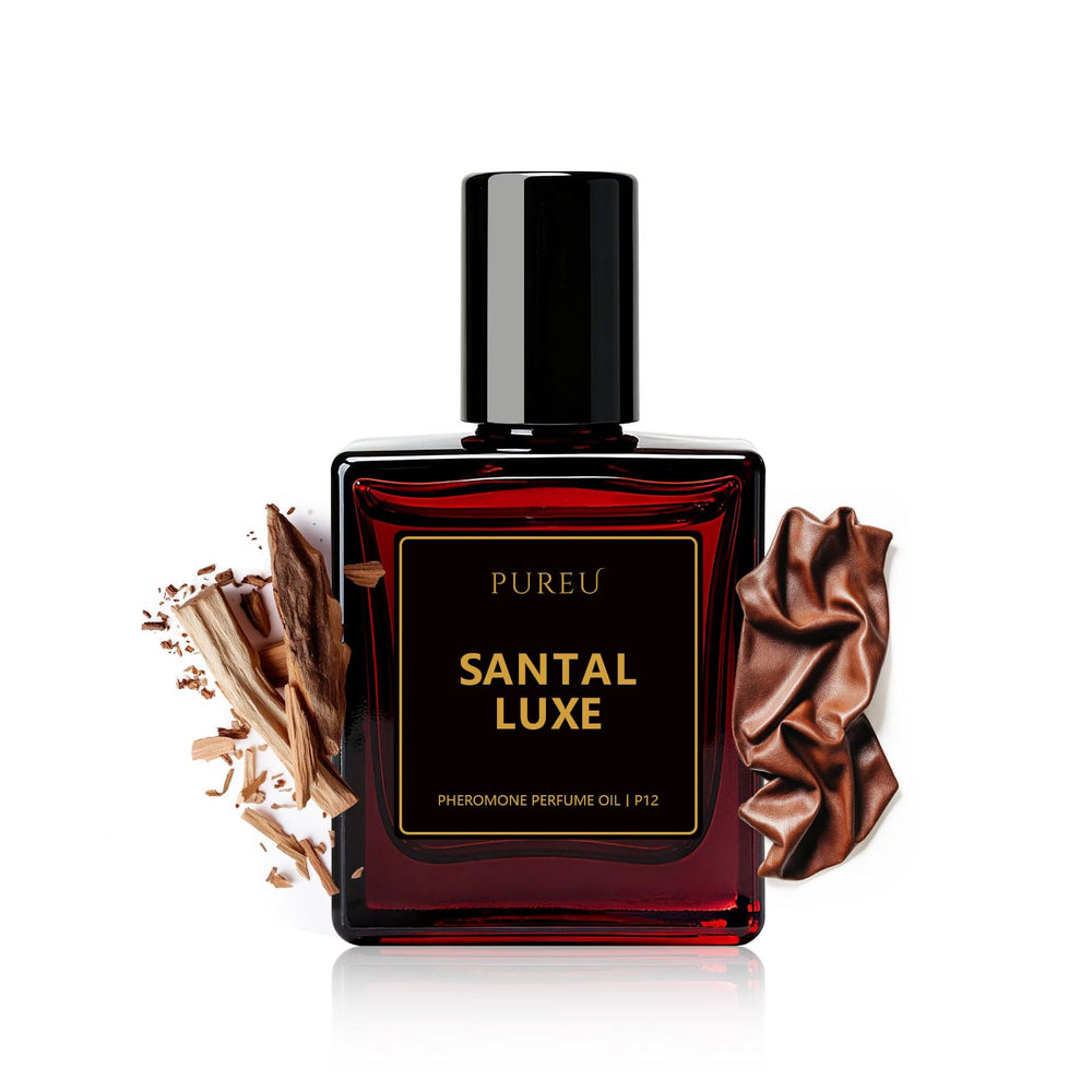 PUREU Pheromones Perfume Santal Luxe bottle close-up highlighting premium fragrance quality
