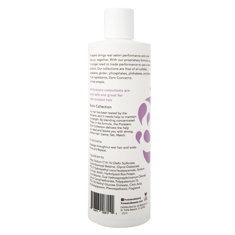 Purezero Biotin hair health closeup suggests nourished, resilient strands.