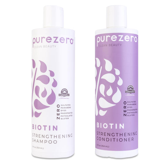 Purezero Biotin shampoo bottle highlights a clean formula for fuller, healthier hair.