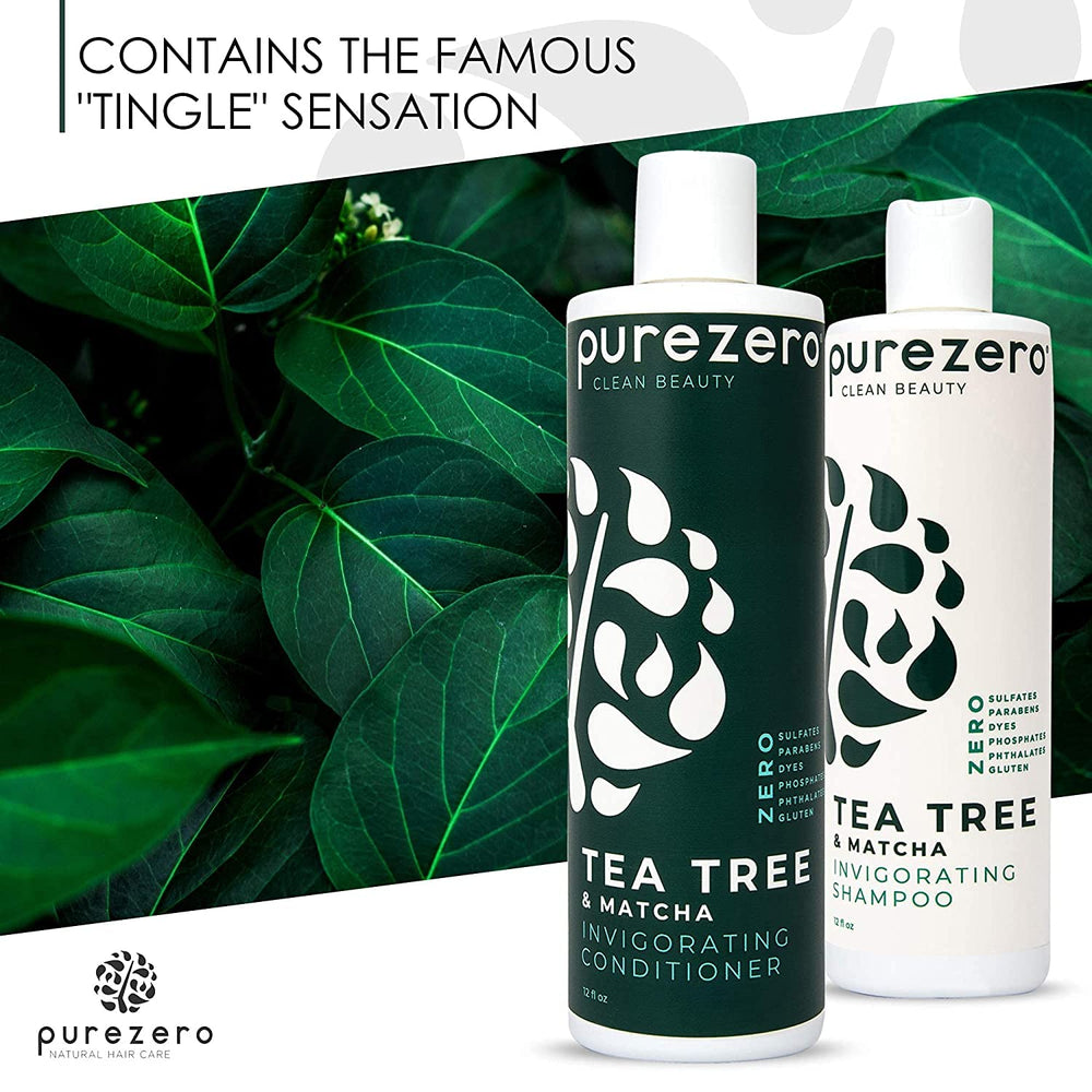 Purezero Tea Tree and Matcha Shampoo with scalp massage visualization for refreshing cleansing.