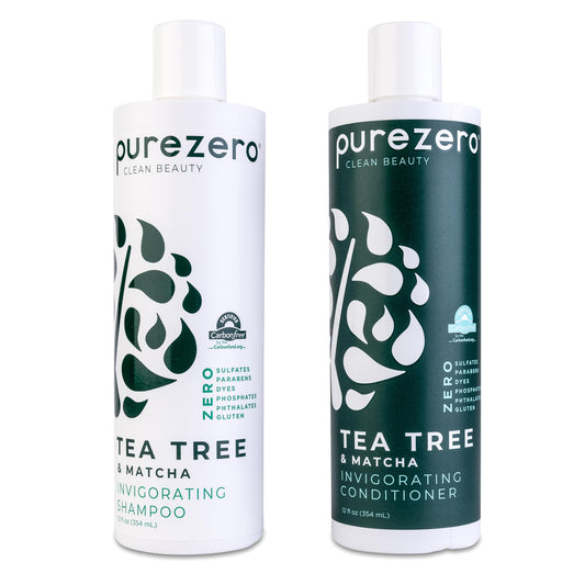 Purezero Tea Tree & Matcha shampoo bottle on shelf for refreshing scalp cleanse