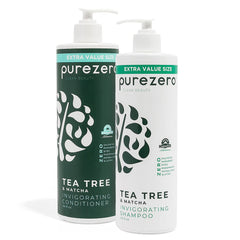 Purezero Tea Tree and Matcha Shampoo bottle for invigorating, energized scalp.