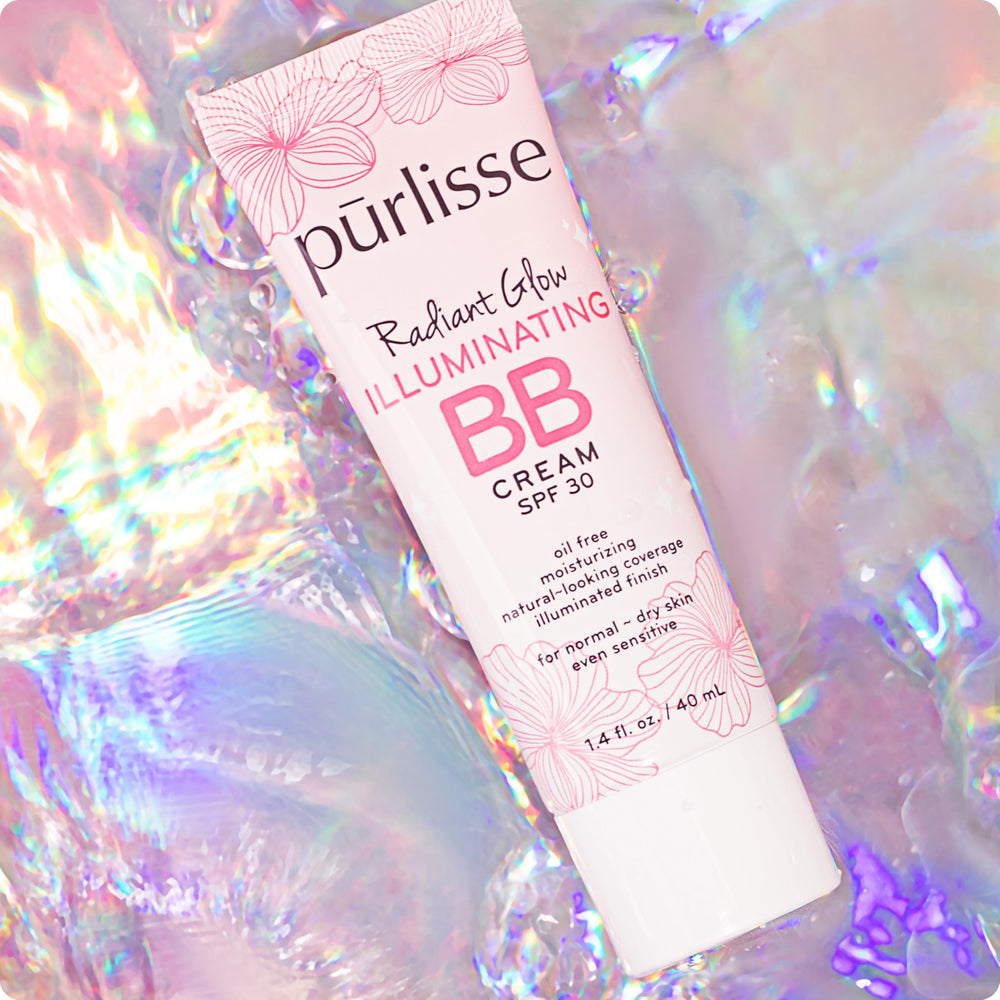 pūrlisse BB Cream application on skin shows dewy finish.