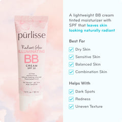 Purlisse Radiant Glow BB Cream swatch shows dewy texture for a fresh look.