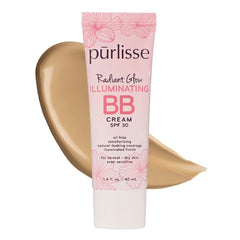 Pūrlisse Radiant Glow BB Cream finish highlights a luminous, natural look.