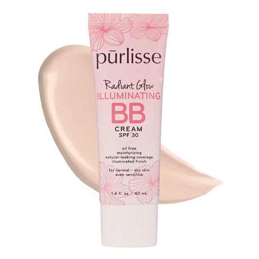 Purlisse Radiant Glow BB Cream tube front shows dewy coverage with SPF 30.