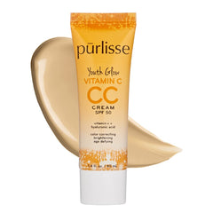 Purlisse Youth Glow CC Cream bottle with SPF 50 offers buildable color and protection.