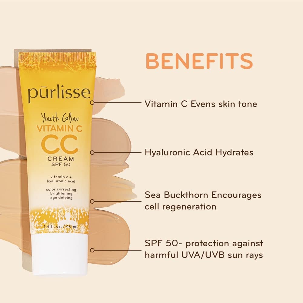 Purlisse CC Cream on face provides natural-looking color correction and glow.