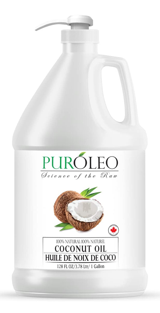 Puróleo fractionated coconut oil bottle; easily absorbed, non-greasy for skin and hair
