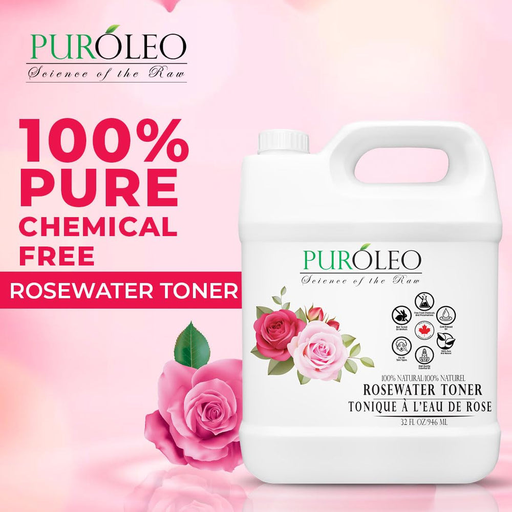 PURÓLEO Rose Water with rose petals highlighting natural fragrance.