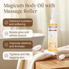 QAH Magic Body Firming Oil bottle after shower with included massage roller