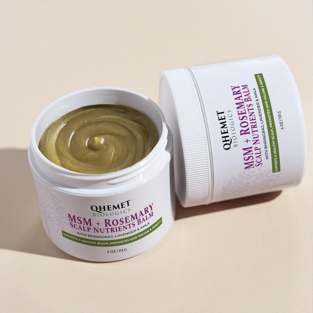 Qhemet Biologics MSM + Rosemary Balm with castor and coconut oils for scalp health.
